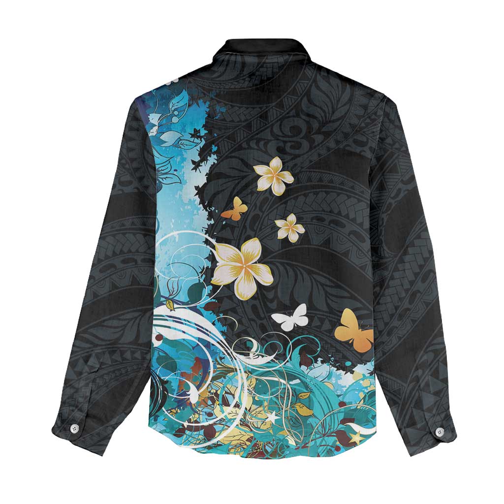 Blue Grunge Polynesian Pattern Women Casual Shirt Plumeria Floral