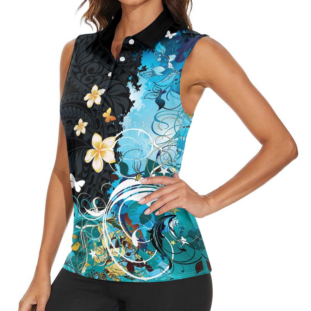 Blue Grunge Polynesian Pattern Women Sleeveless Polo Shirt Plumeria Floral