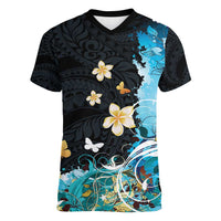 Blue Grunge Polynesian Pattern Women V-Neck T-Shirt Plumeria Floral