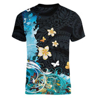 Blue Grunge Polynesian Pattern Women V-Neck T-Shirt Plumeria Floral
