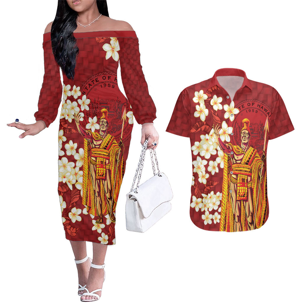 Hawaii King Kamehameha Couples Matching Off The Shoulder Long Sleeve Dress and Hawaiian Shirt Plumeria Lauhala Pattern