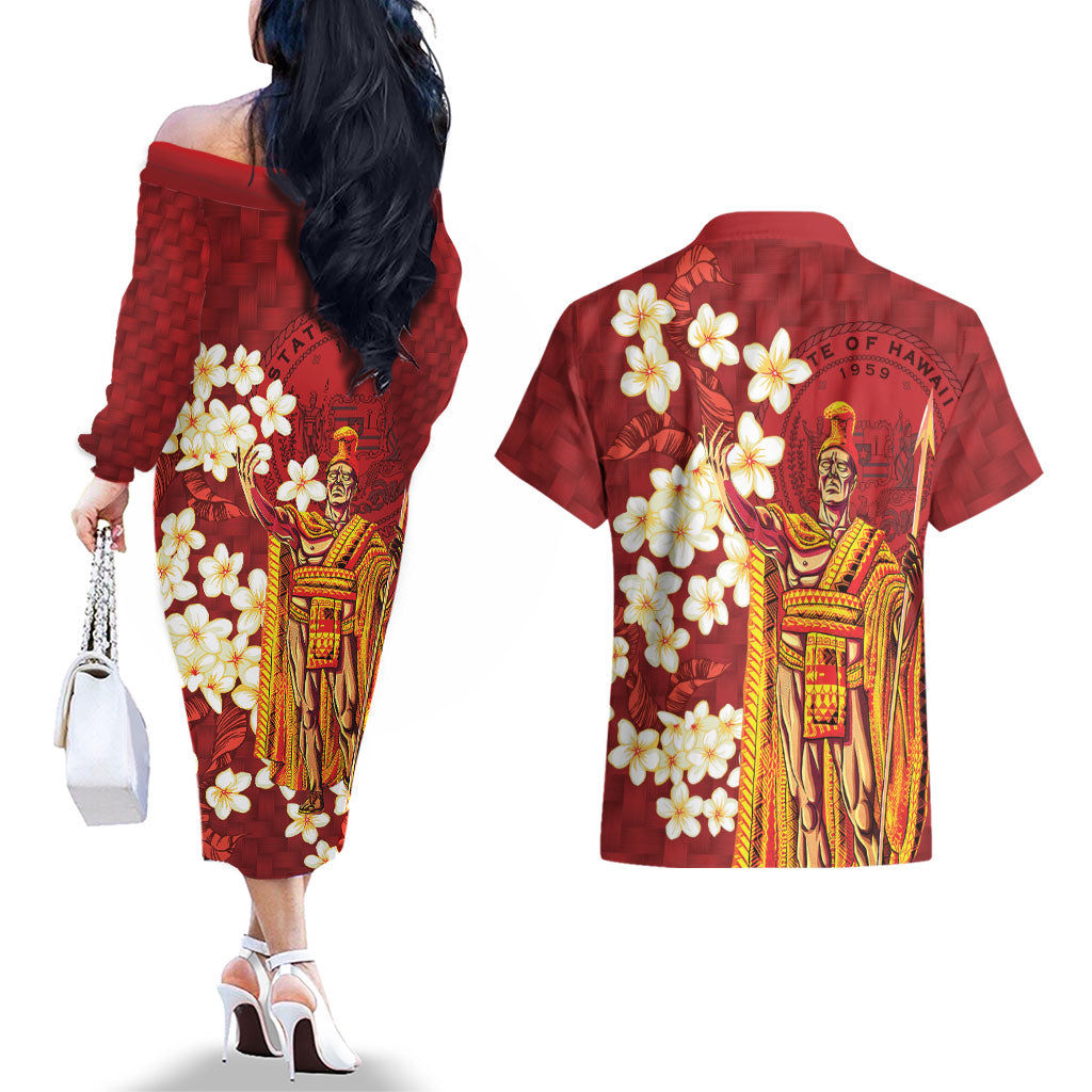 Hawaii King Kamehameha Couples Matching Off The Shoulder Long Sleeve Dress and Hawaiian Shirt Plumeria Lauhala Pattern