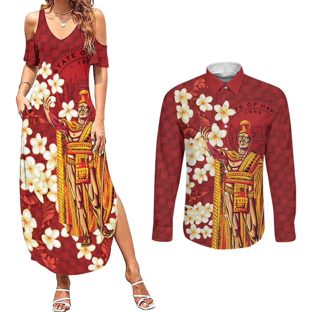Hawaii King Kamehameha Couples Matching Summer Maxi Dress and Long Sleeve Button Shirt Plumeria Lauhala Pattern