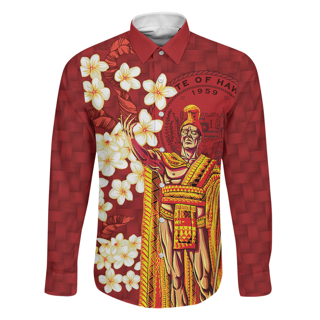 Hawaii King Kamehameha Family Matching Long Sleeve Bodycon Dress and Hawaiian Shirt Plumeria Lauhala Pattern LT01 Dad's Shirt - Long Sleeve Red - Polynesian Pride