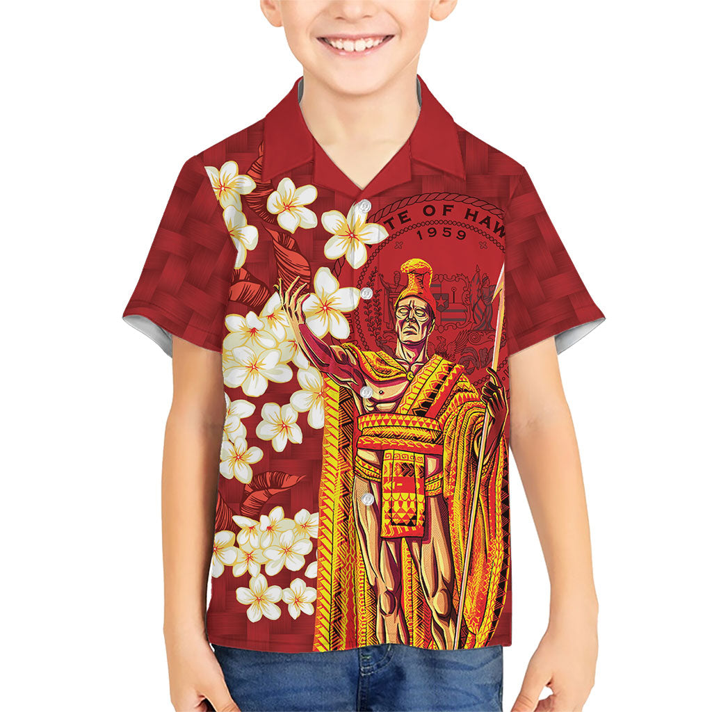 Hawaii King Kamehameha Family Matching Off The Shoulder Long Sleeve Dress and Hawaiian Shirt Plumeria Lauhala Pattern LT01 Son's Shirt Red - Polynesian Pride