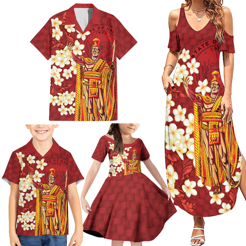 Hawaii King Kamehameha Family Matching Summer Maxi Dress and Hawaiian Shirt Plumeria Lauhala Pattern