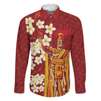 Hawaii King Kamehameha Family Matching Summer Maxi Dress and Hawaiian Shirt Plumeria Lauhala Pattern LT01 Dad's Shirt - Long Sleeve Red - Polynesian Pride