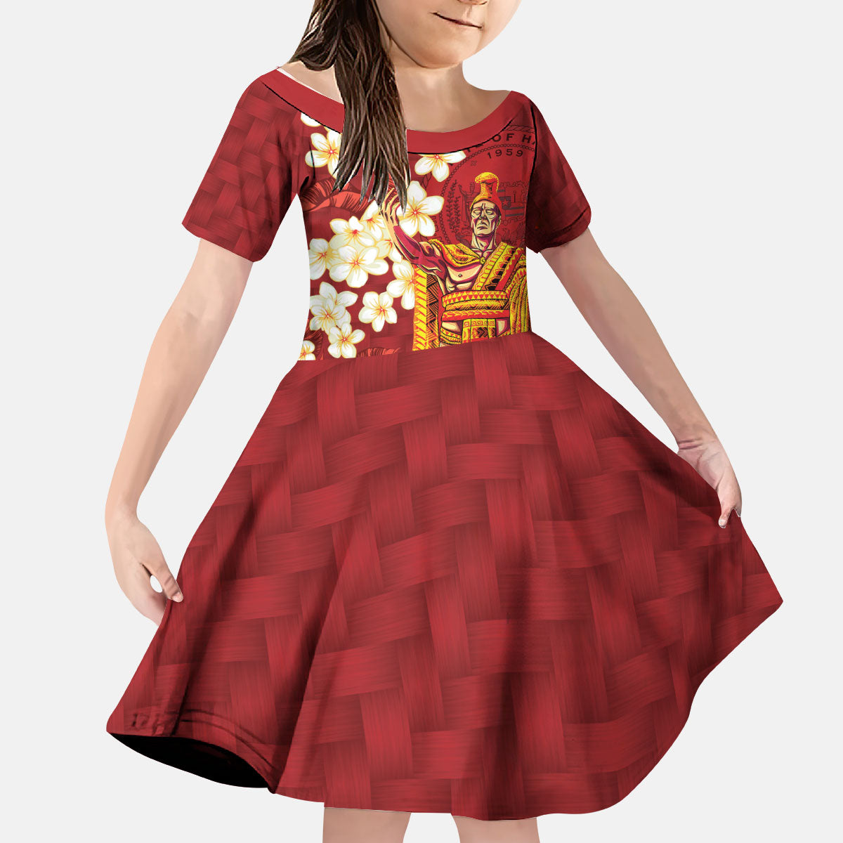 Hawaii King Kamehameha Kid Short Sleeve Dress Plumeria Lauhala Pattern LT01 KID Red - Polynesian Pride