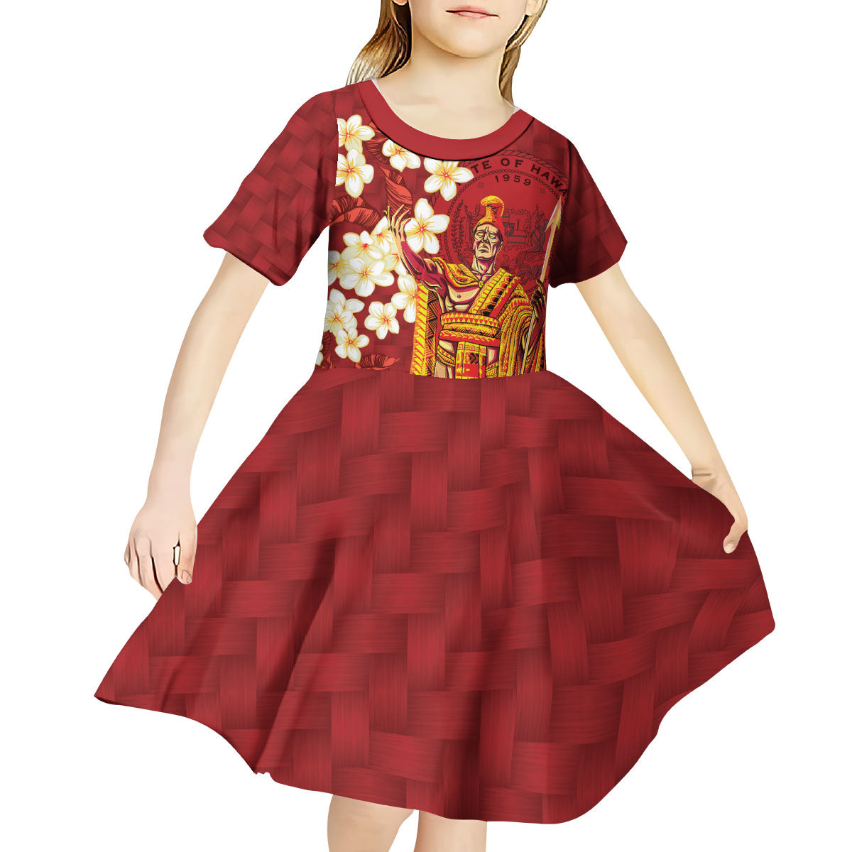 Hawaii King Kamehameha Kid Short Sleeve Dress Plumeria Lauhala Pattern LT01 - Polynesian Pride