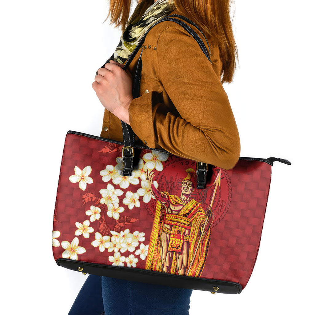 Hawaii King Kamehameha Leather Tote Bag Plumeria Lauhala Pattern
