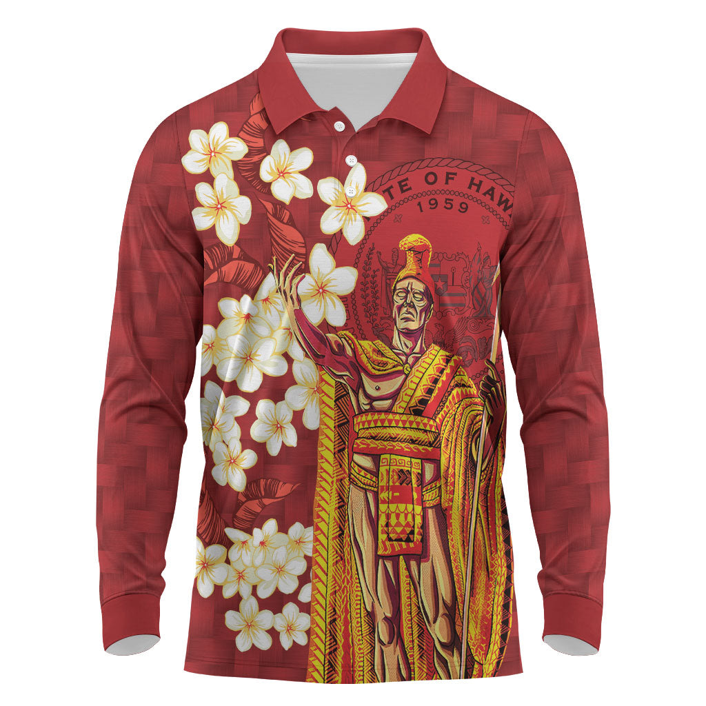 Hawaii King Kamehameha Long Sleeve Polo Shirt Plumeria Lauhala Pattern