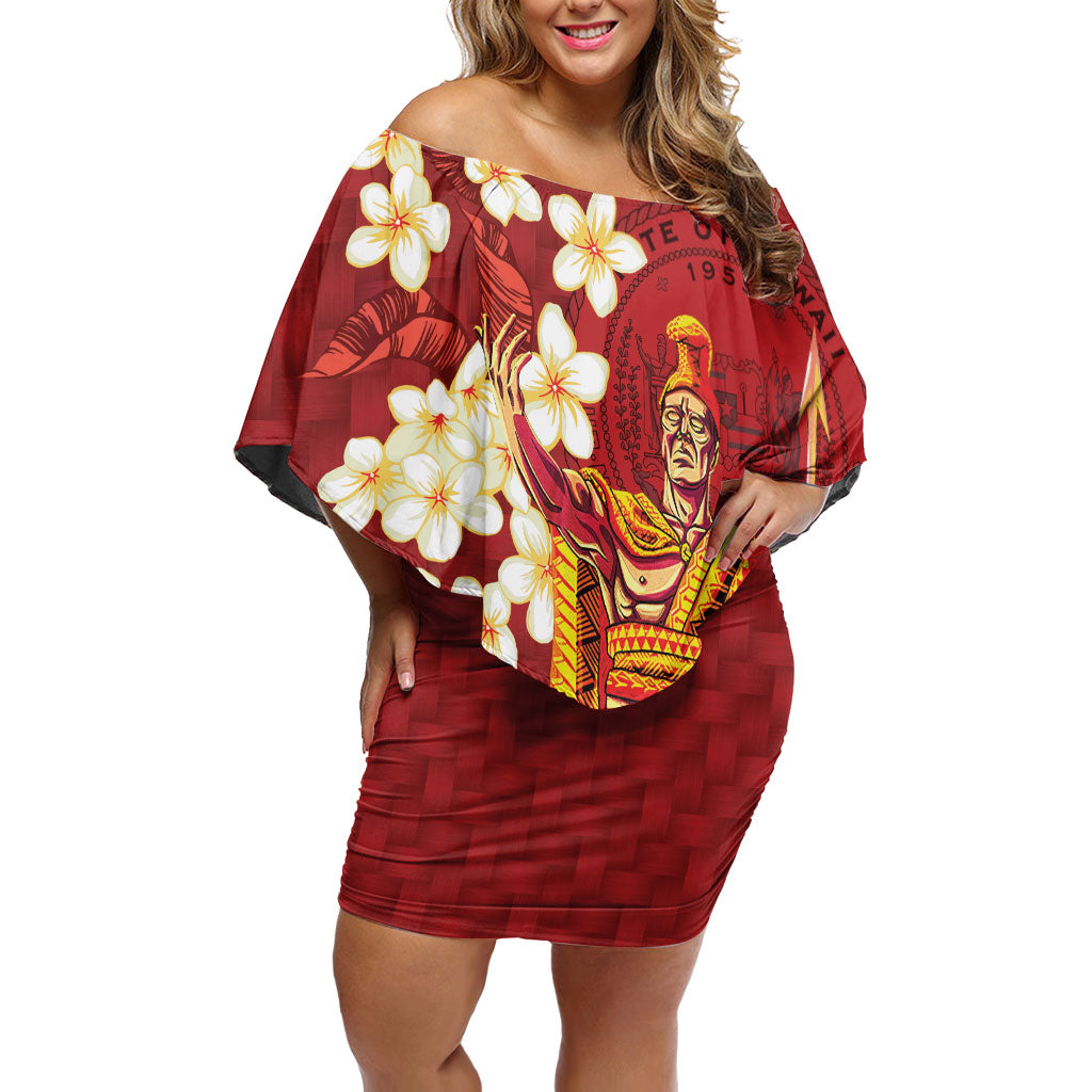 Hawaii King Kamehameha Off Shoulder Short Dress Plumeria Lauhala Pattern LT01 Women Red - Polynesian Pride