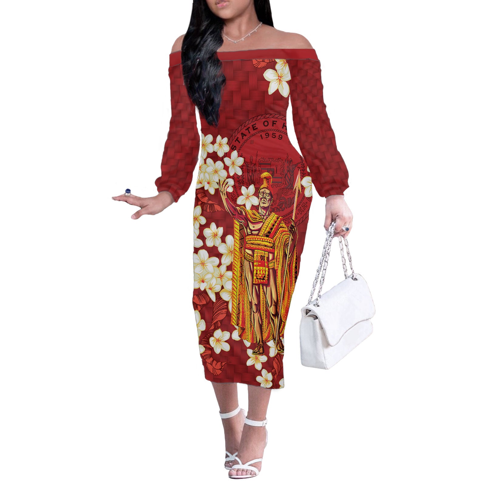 Hawaii King Kamehameha Off The Shoulder Long Sleeve Dress Plumeria Lauhala Pattern