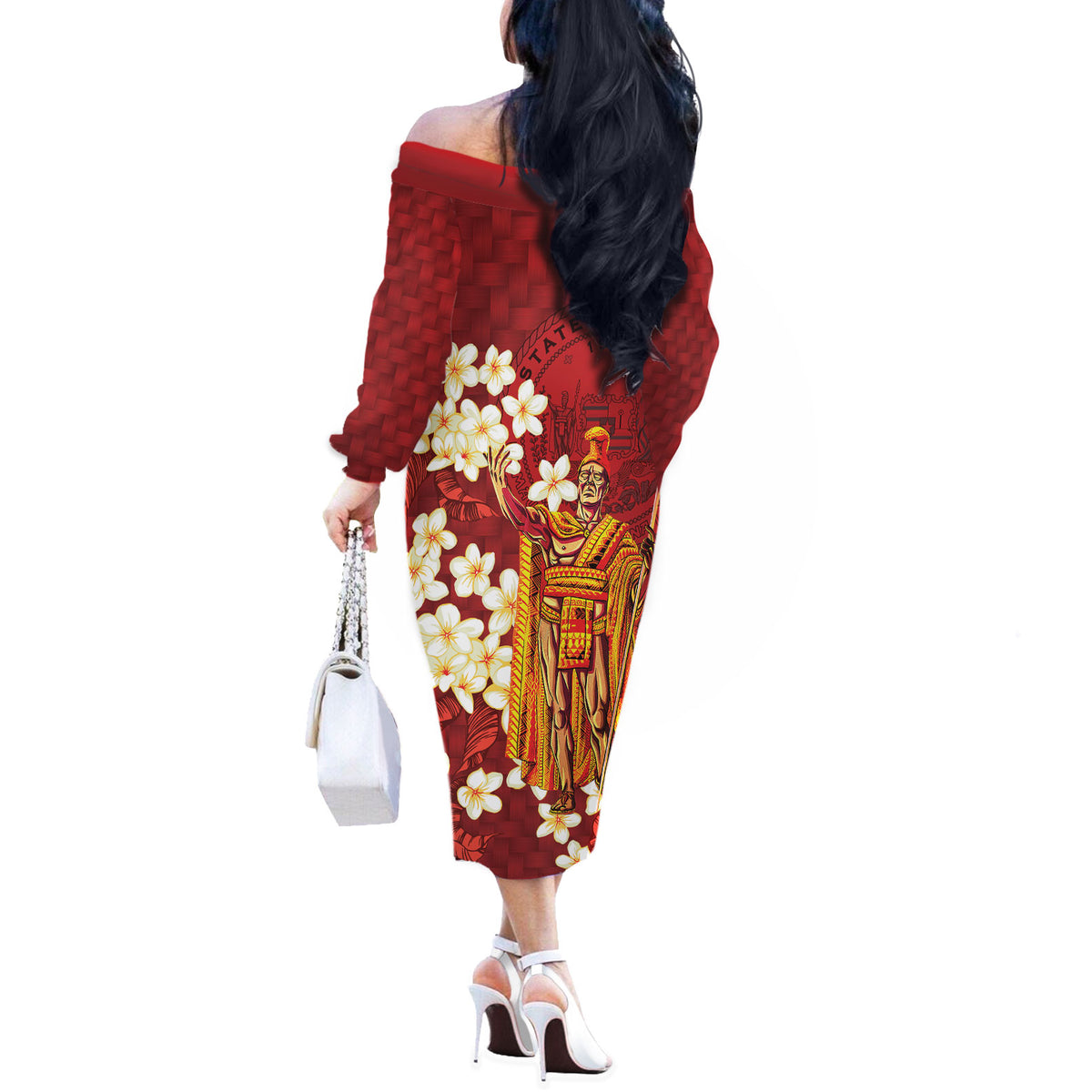 Hawaii King Kamehameha Off The Shoulder Long Sleeve Dress Plumeria Lauhala Pattern LT01 - Polynesian Pride