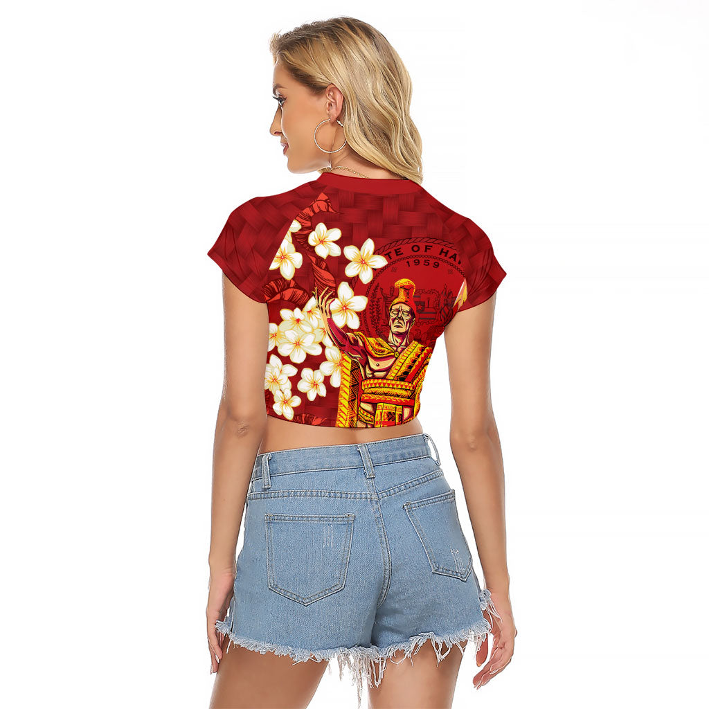 Hawaii King Kamehameha Raglan Cropped T Shirt Plumeria Lauhala Pattern