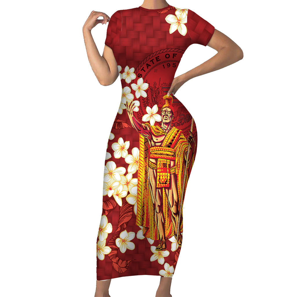Hawaii King Kamehameha Short Sleeve Bodycon Dress Plumeria Lauhala Pattern
