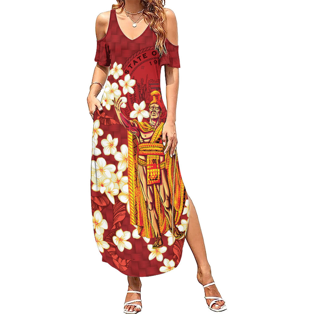Hawaii King Kamehameha Summer Maxi Dress Plumeria Lauhala Pattern LT01 Women Red - Polynesian Pride