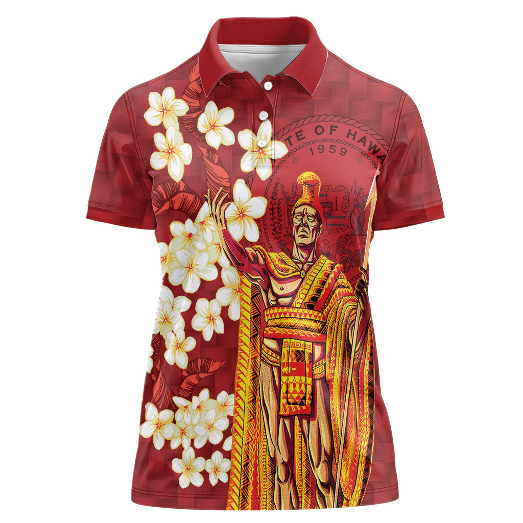 Hawaii King Kamehameha Women Polo Shirt Plumeria Lauhala Pattern