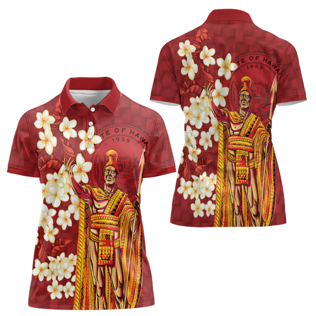 Hawaii King Kamehameha Women Polo Shirt Plumeria Lauhala Pattern