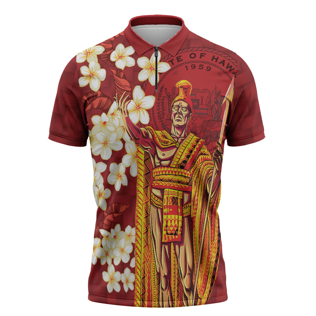 Hawaii King Kamehameha Zipper Polo Shirt Plumeria Lauhala Pattern