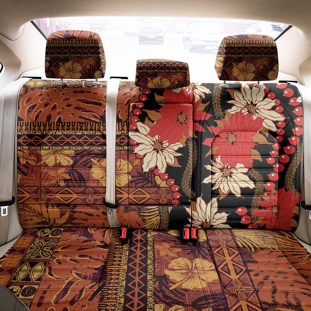 Hawaii Christmas Poinsettia Lei Back Car Seat Cover Tapa Pattern - Polynesian Pride