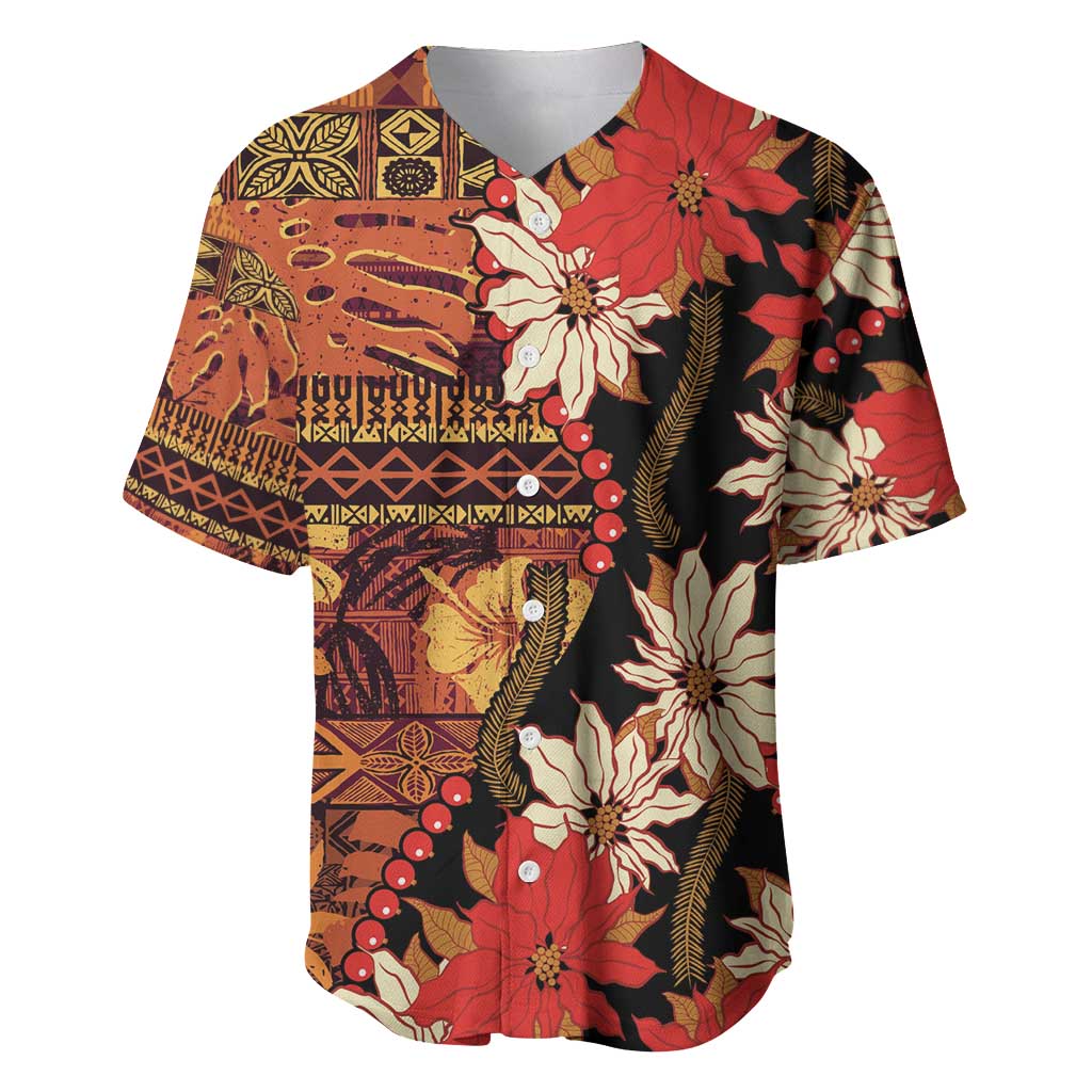 Hawaii Christmas Poinsettia Lei Baseball Jersey Tapa Pattern - Polynesian Pride