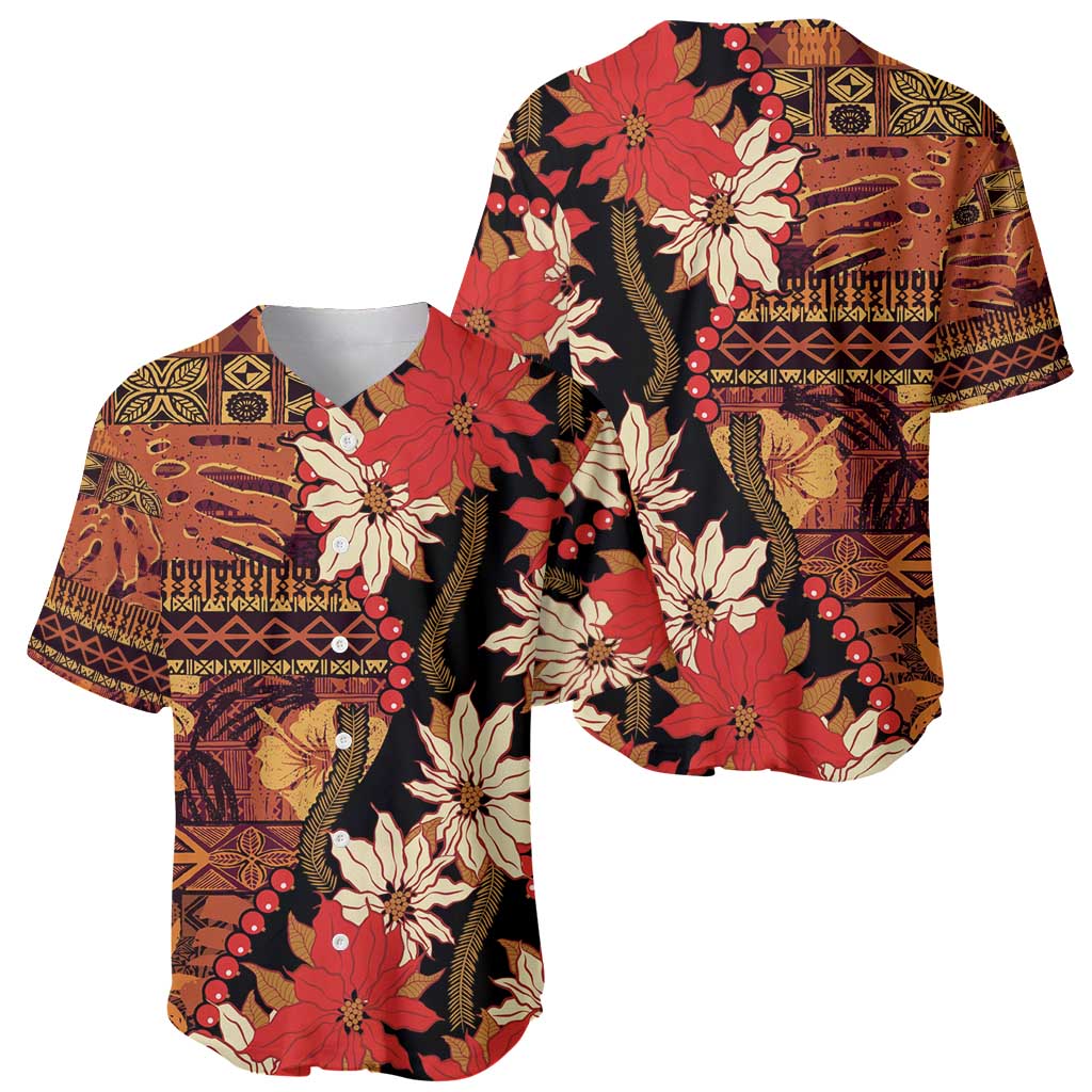 Hawaii Christmas Poinsettia Lei Baseball Jersey Tapa Pattern - Polynesian Pride