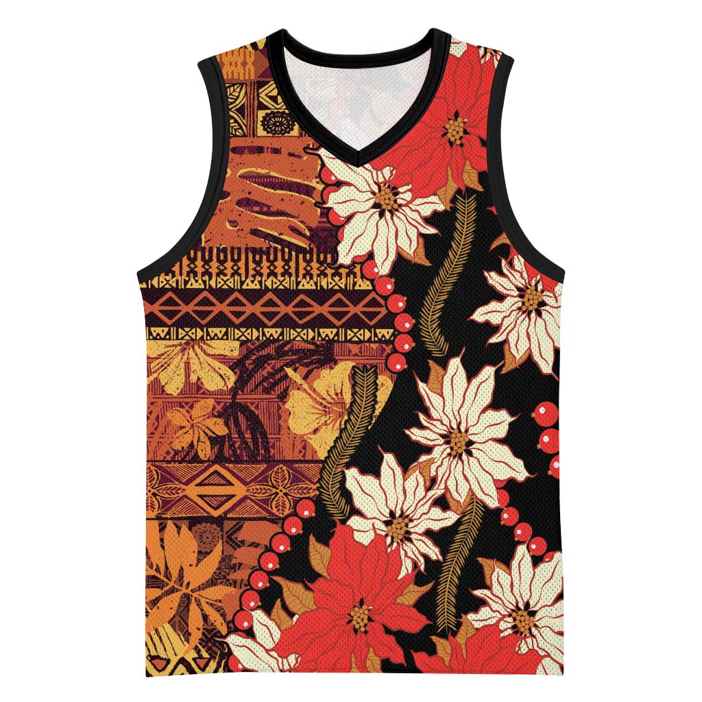 Hawaii Christmas Poinsettia Lei Basketball Jersey Tapa Pattern - Polynesian Pride
