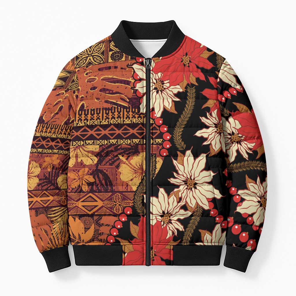 Hawaii Christmas Poinsettia Lei Bomber Puffer Jacket Tapa Pattern - Polynesian Pride