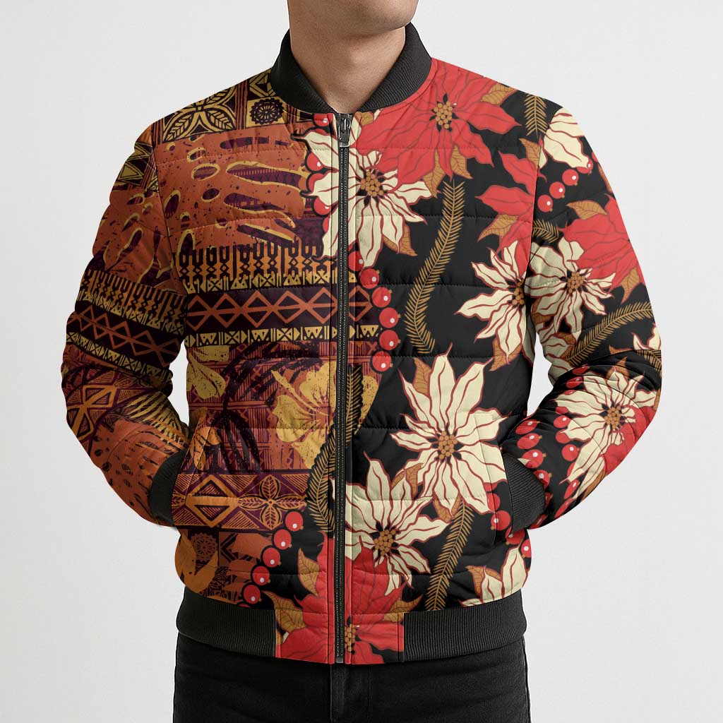 Hawaii Christmas Poinsettia Lei Bomber Puffer Jacket Tapa Pattern - Polynesian Pride