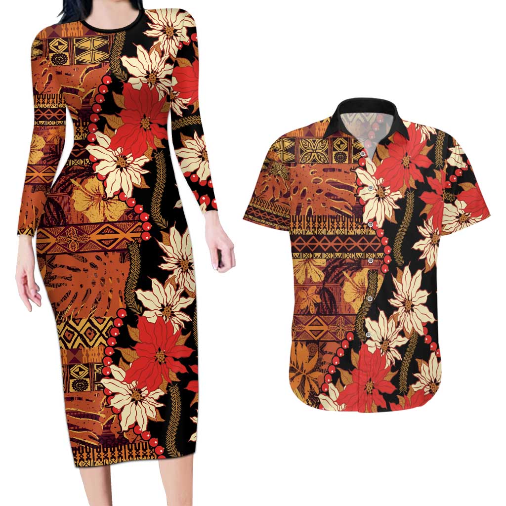 Hawaii Christmas Poinsettia Lei Couples Matching Long Sleeve Bodycon Dress and Hawaiian Shirt Tapa Pattern - Polynesian Pride