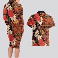 Hawaii Christmas Poinsettia Lei Couples Matching Long Sleeve Bodycon Dress and Hawaiian Shirt Tapa Pattern - Polynesian Pride