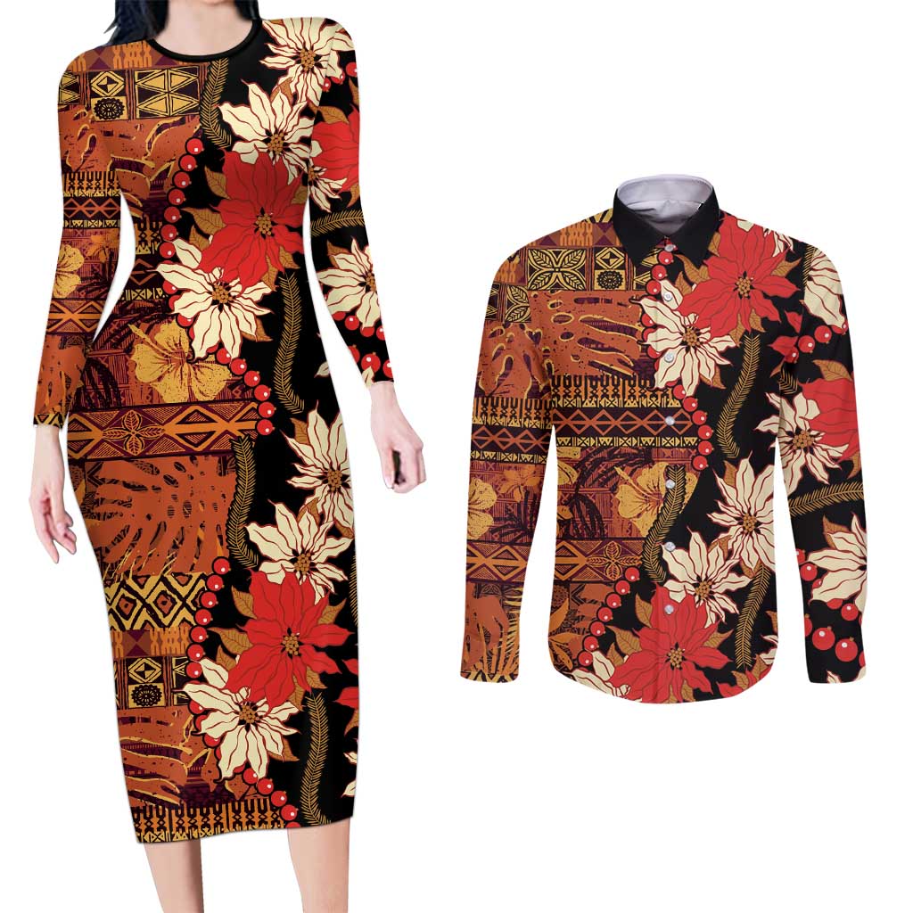 Hawaii Christmas Poinsettia Lei Couples Matching Long Sleeve Bodycon Dress and Long Sleeve Button Shirt Tapa Pattern - Polynesian Pride