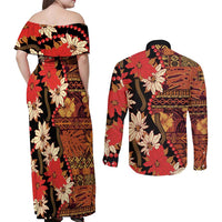 Hawaii Christmas Poinsettia Lei Couples Matching Off Shoulder Maxi Dress and Long Sleeve Button Shirt Tapa Pattern - Polynesian Pride