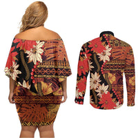 Hawaii Christmas Poinsettia Lei Couples Matching Off Shoulder Short Dress and Long Sleeve Button Shirt Tapa Pattern - Polynesian Pride