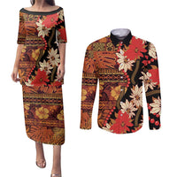 Hawaii Christmas Poinsettia Lei Couples Matching Puletasi and Long Sleeve Button Shirt Tapa Pattern - Polynesian Pride
