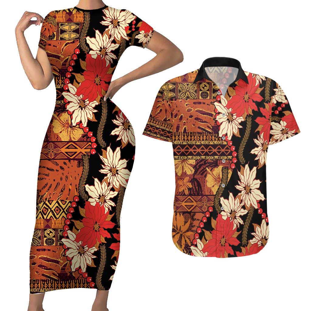 Hawaii Christmas Poinsettia Lei Couples Matching Short Sleeve Bodycon Dress and Hawaiian Shirt Tapa Pattern - Polynesian Pride