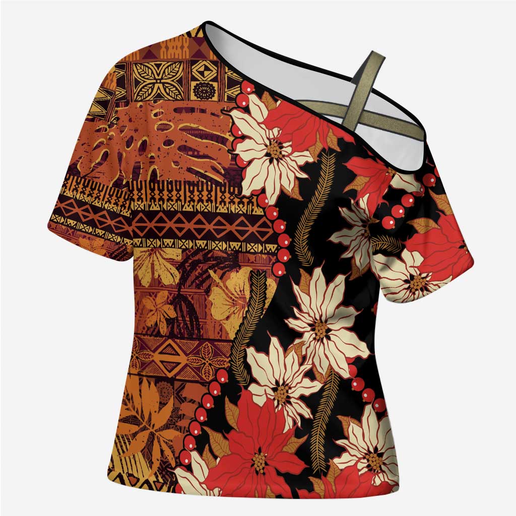Hawaii Christmas Poinsettia Lei Cross Shoulder Shirt Tapa Pattern - Polynesian Pride