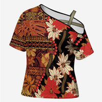 Hawaii Christmas Poinsettia Lei Cross Shoulder Shirt Tapa Pattern - Polynesian Pride