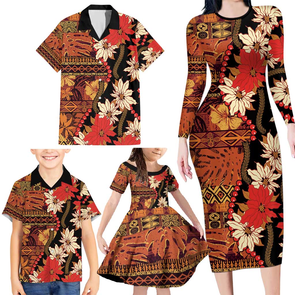 Hawaii Christmas Poinsettia Lei Family Matching Long Sleeve Bodycon Dress and Hawaiian Shirt Tapa Pattern - Polynesian Pride