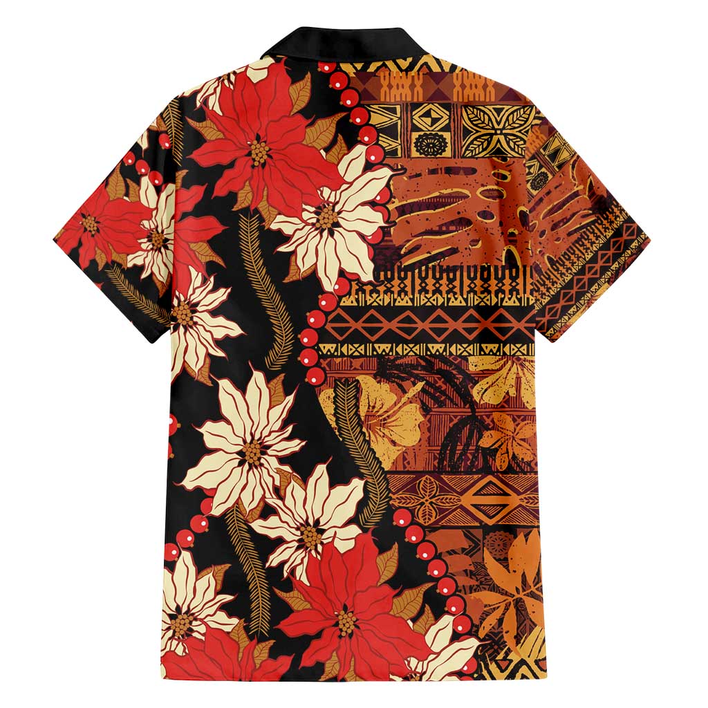 Hawaii Christmas Poinsettia Lei Family Matching Long Sleeve Bodycon Dress and Hawaiian Shirt Tapa Pattern - Polynesian Pride