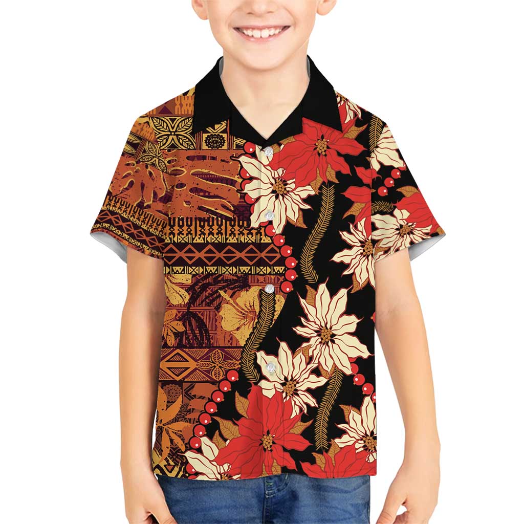 Hawaii Christmas Poinsettia Lei Family Matching Long Sleeve Bodycon Dress and Hawaiian Shirt Tapa Pattern - Polynesian Pride
