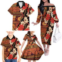 Hawaii Christmas Poinsettia Lei Family Matching Off The Shoulder Long Sleeve Dress and Hawaiian Shirt Tapa Pattern - Polynesian Pride
