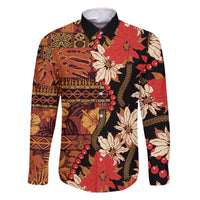 Hawaii Christmas Poinsettia Lei Family Matching Off The Shoulder Long Sleeve Dress and Hawaiian Shirt Tapa Pattern - Polynesian Pride