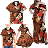 Hawaii Christmas Poinsettia Lei Family Matching Off Shoulder Maxi Dress and Hawaiian Shirt Tapa Pattern - Polynesian Pride