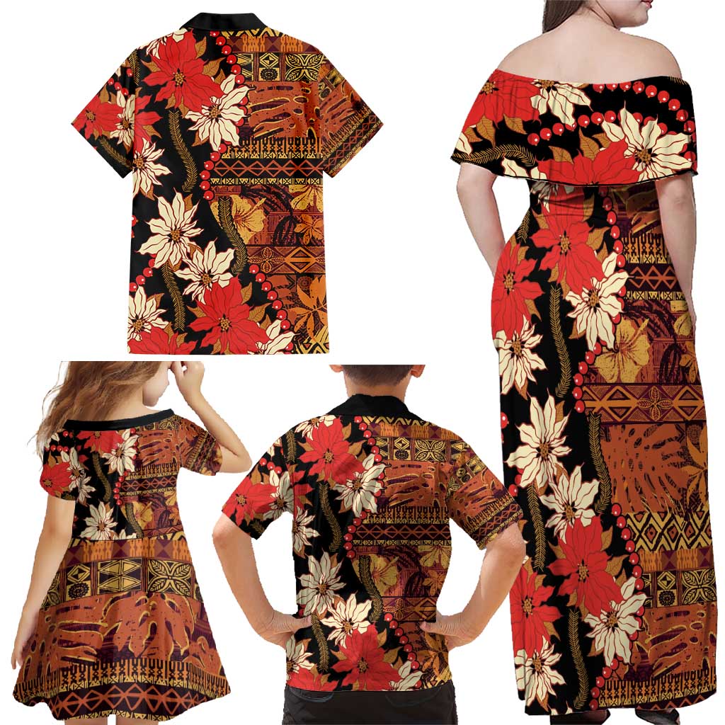 Hawaii Christmas Poinsettia Lei Family Matching Off Shoulder Maxi Dress and Hawaiian Shirt Tapa Pattern - Polynesian Pride