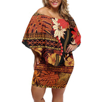 Hawaii Christmas Poinsettia Lei Family Matching Off Shoulder Short Dress and Hawaiian Shirt Tapa Pattern - Polynesian Pride