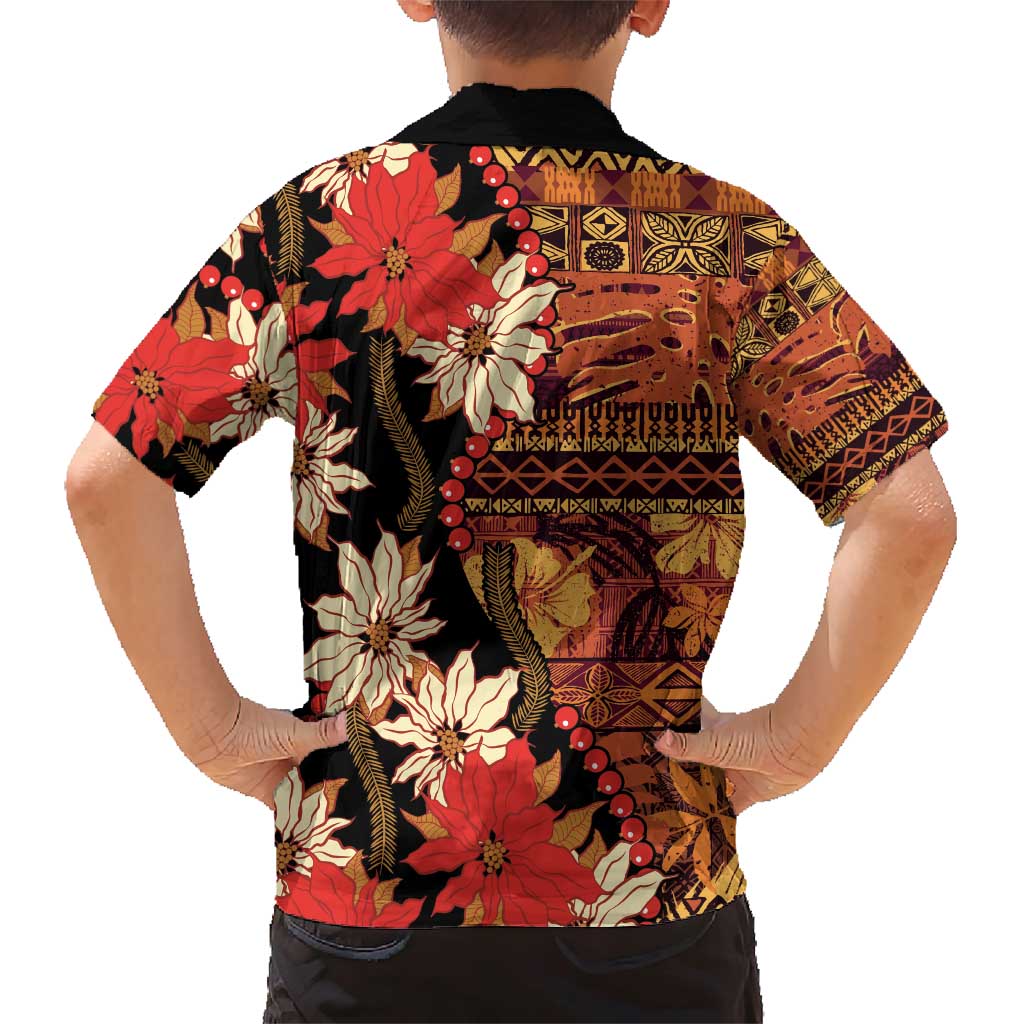 Hawaii Christmas Poinsettia Lei Family Matching Short Sleeve Bodycon Dress and Hawaiian Shirt Tapa Pattern - Polynesian Pride