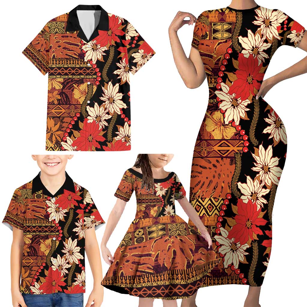 Hawaii Christmas Poinsettia Lei Family Matching Short Sleeve Bodycon Dress and Hawaiian Shirt Tapa Pattern - Polynesian Pride