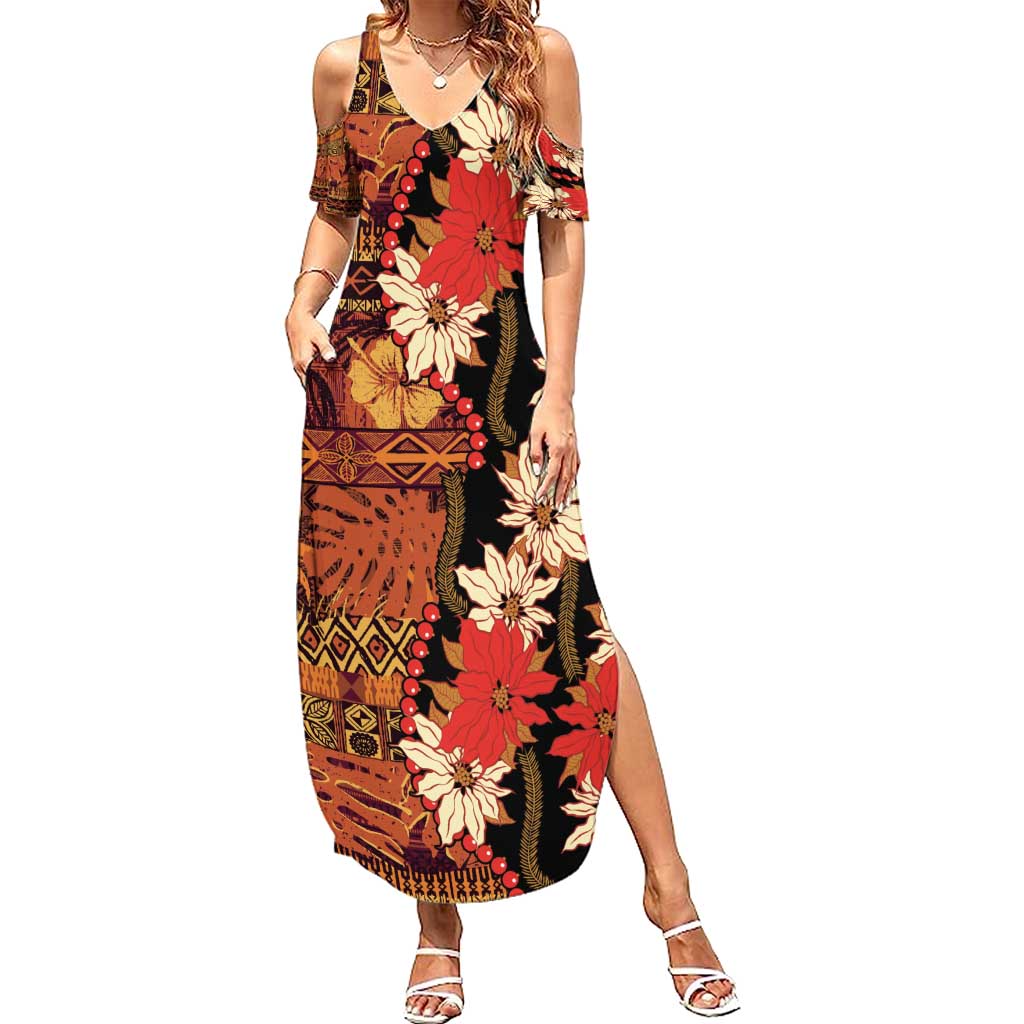 Hawaii Christmas Poinsettia Lei Family Matching Summer Maxi Dress and Hawaiian Shirt Tapa Pattern - Polynesian Pride